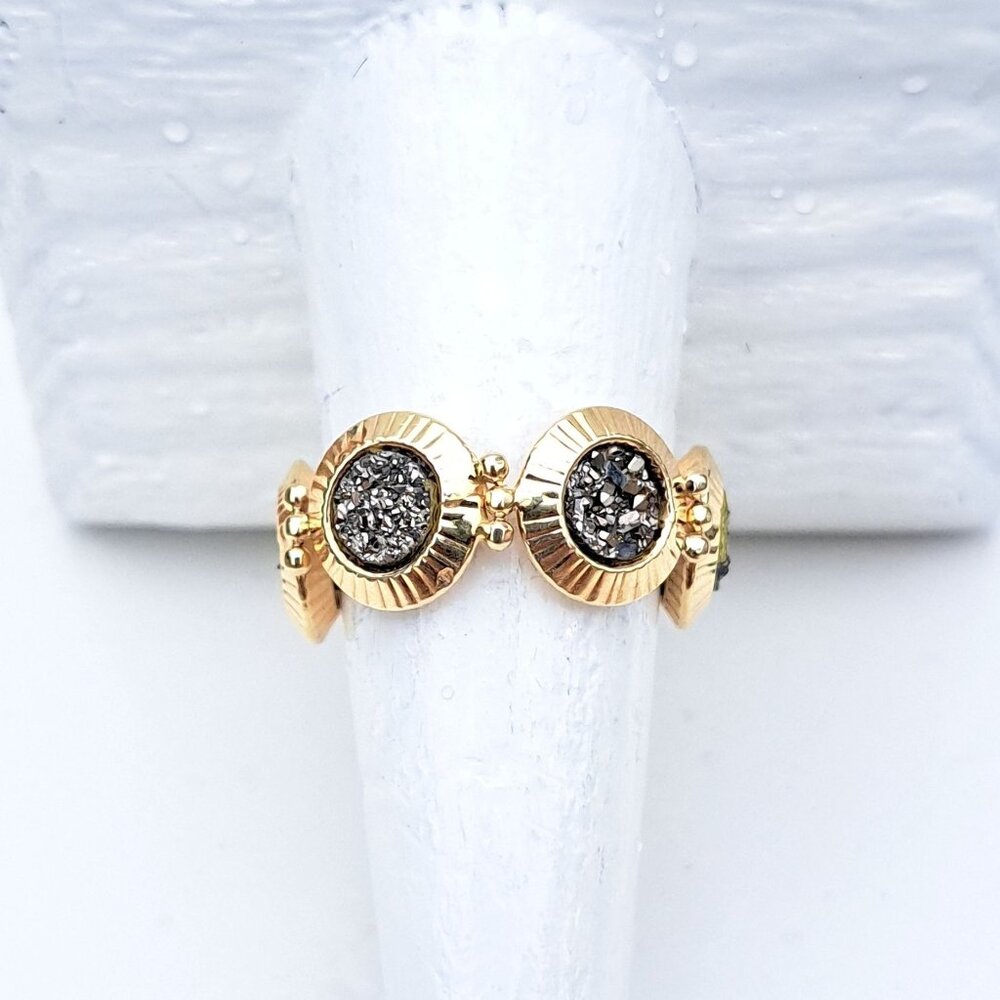 14K Yellow Gold Milor Italy Gray Druzy Medallion Link Ring - Picture 8 of 14